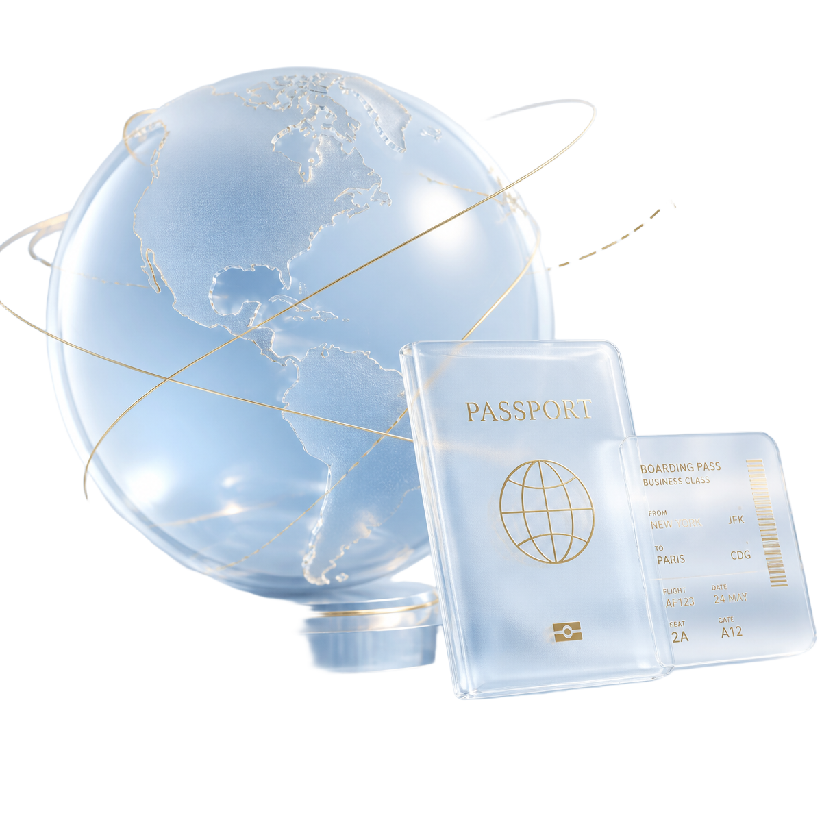 Frosted glass globe with passport and boarding pass illustrating international travel